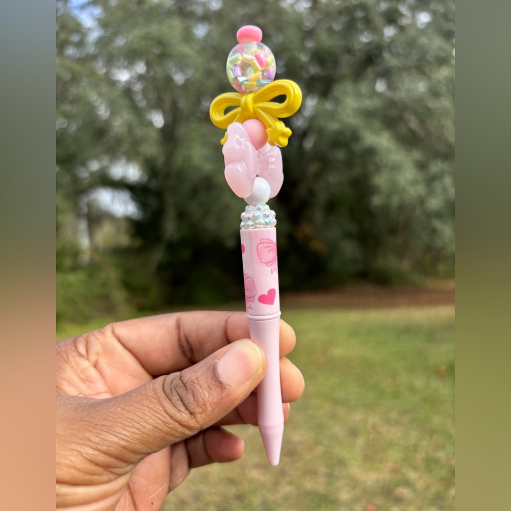 Pink & Yellow Handmade Pen with Bow and Heart Design